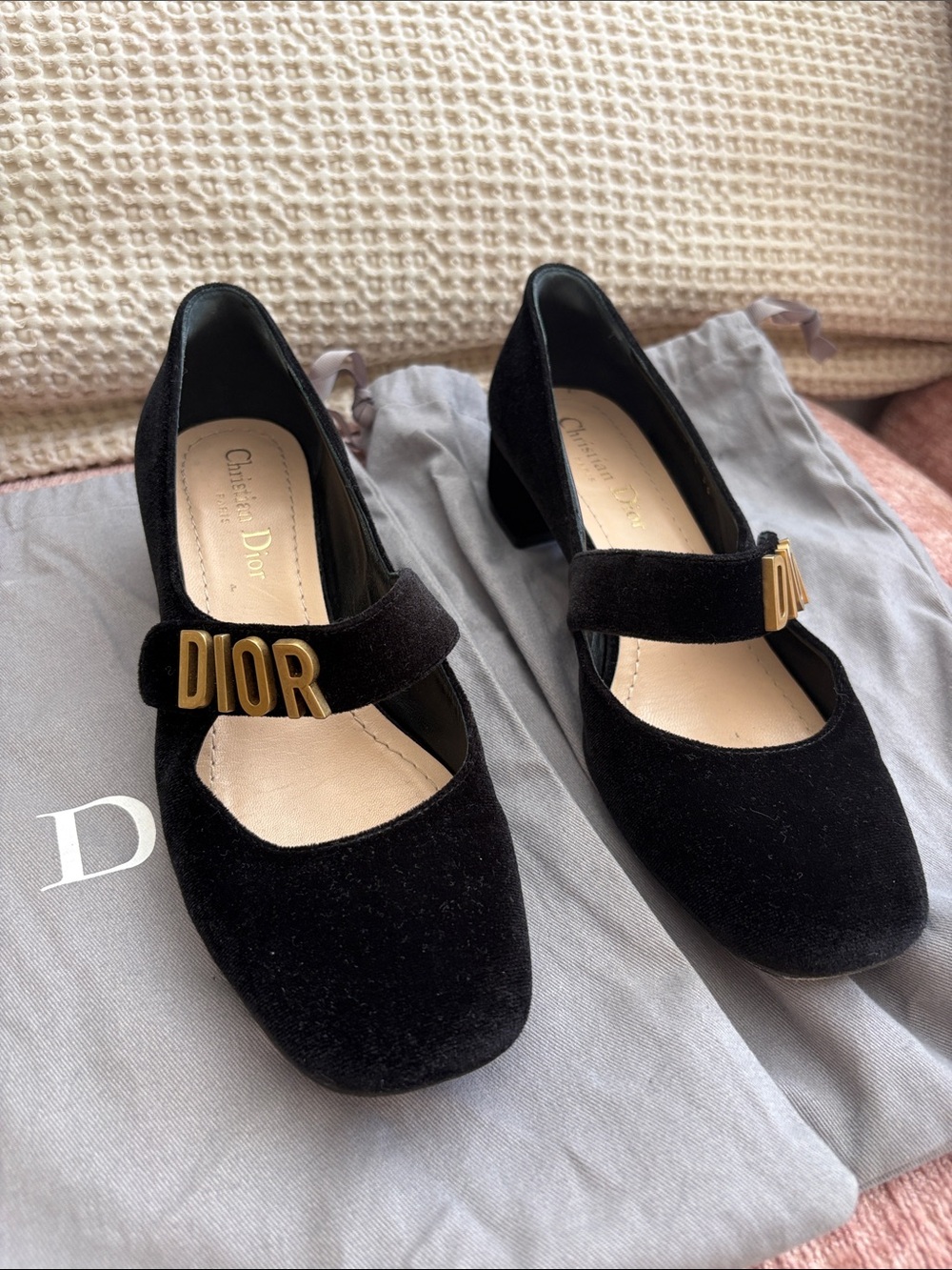 Dior Black Velvet Mary Jane Pumps with Gold DIOR Logo